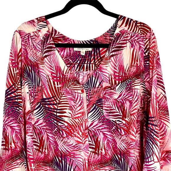 Palm Print Blouse Size 1X by Dear Grace Pink Purple Tropical 3/4 Sleeves VGUC - Picture 6 of 11